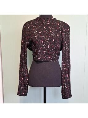 Nwt Princess Polly Black Floral Open Back Sheer Blouse Size 6